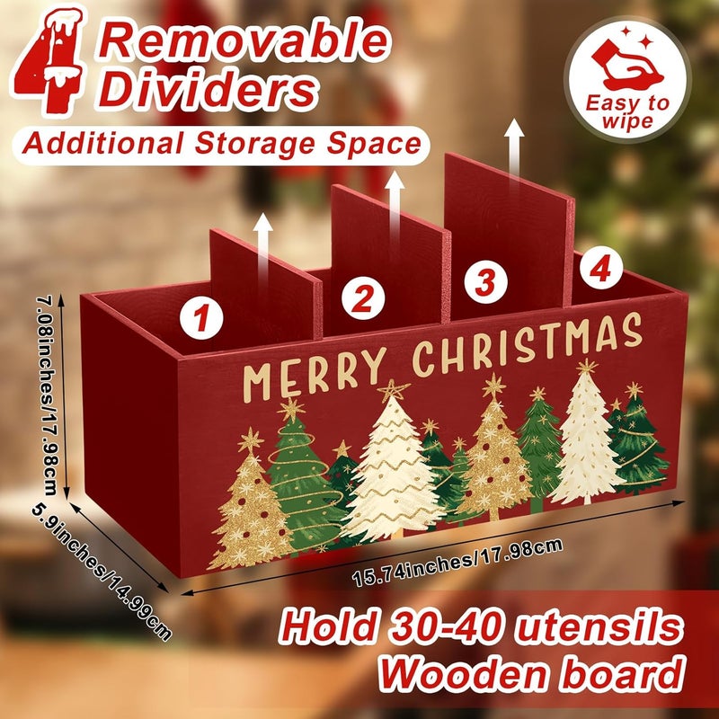 Meanplan Christmas Utensil Holder Christmas Kitchen Decor Extra Large Kitchen Utensils Holder with 4 Compartments for Xmas Farmhouse Indoor Decoration - Image 2